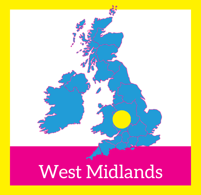 Graphic is square with yellow border, a blue image of a map of the UK in centre. Yellow dot over west midlands area. West Midlands written in white at the bottom on a pink background