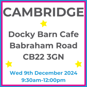 Square graphic with blue and pink lined border. Cambridge Docky Barn Cafe Babraham Road CB22 3GN written in dark grey with 3 yellow stars between words. Wed 9th December 2024 9:30am-12pm written in blue at the bottom