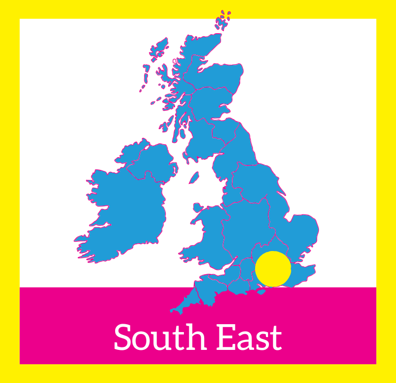 Graphic is square with yellow border, a blue image of a map of the UK in centre. Yellow dot over south east area. South East written in white at the bottom on a pink background