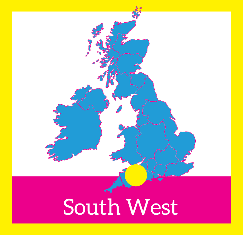 Graphic is square with yellow border, a blue image of a map of the UK in centre. Yellow dot over south west area. South West written in white at the bottom on a pink background