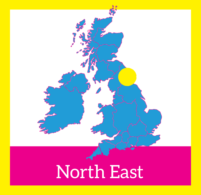 Graphic is square with yellow border, a blue image of a map of the UK in centre. Yellow dot over north east area. North East written in white at the bottom on a pink background