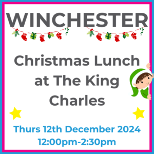 Square graphic with blue and pink lined border. WINCHESTER Christmas Lunch at The King Charles written in dark grey with 2 yellow stars beneath the words. There's an elf peering round the side of the image wearing a green hat and coat. Thurs 12th December 2024 12pm-2:30pm written in blue at the bottom