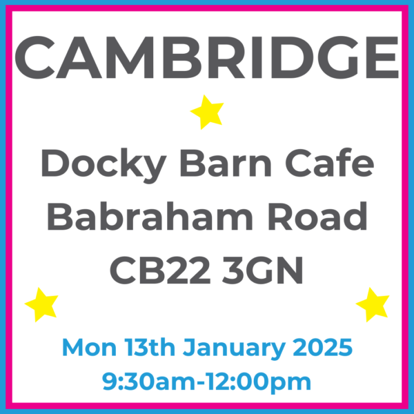 Square graphic with blue and pink lined border. Cambridge Docky Barn Cafe Babraham Road CB22 3GN written in dark grey with 3 yellow stars between words. Mon 13th January 2025 9:30am-12pm written in blue at the bottom