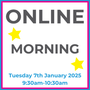 Square graphic with blue and pink lined border. Online Lunchtime written in dark grey with two yellow stars between words. Tuesday 7th January 2025 9:30am-10:30am written in blue at the bottom