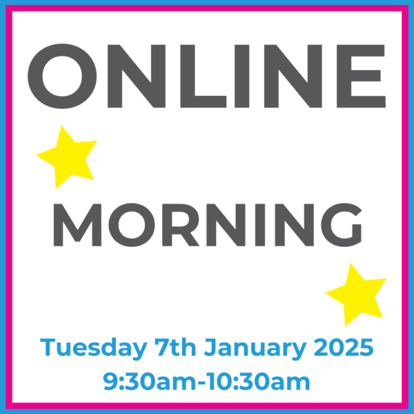 Square graphic with blue and pink lined border. Online Lunchtime written in dark grey with two yellow stars between words. Tuesday 7th January 2025 9:30am-10:30am written in blue at the bottom