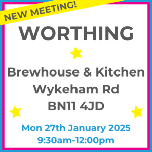 Square graphic with blue and pink lined border. WORTHING Brewhouse & Kitchen, Wykeham Rd, BN11 4JD written in dark grey with 3 yellow stars between words. Mon 27th January 2025 9:30am-12:00pm written in blue at the bottom