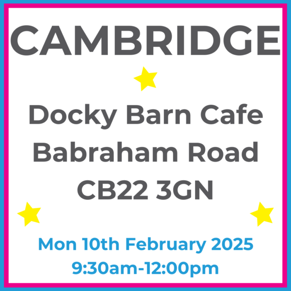 Square graphic with blue and pink lined border. Cambridge Docky Barn Cafe Babraham Road CB22 3GN written in dark grey with 3 yellow stars between words. Mon 10th February 2025 9:30am-12pm written in blue at the bottom